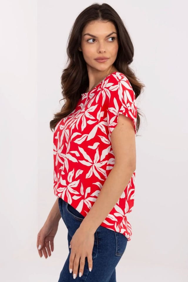 Love Lace Love Lace Women's Natural Viscose Casual Round Neck Blouse in Red - 2
