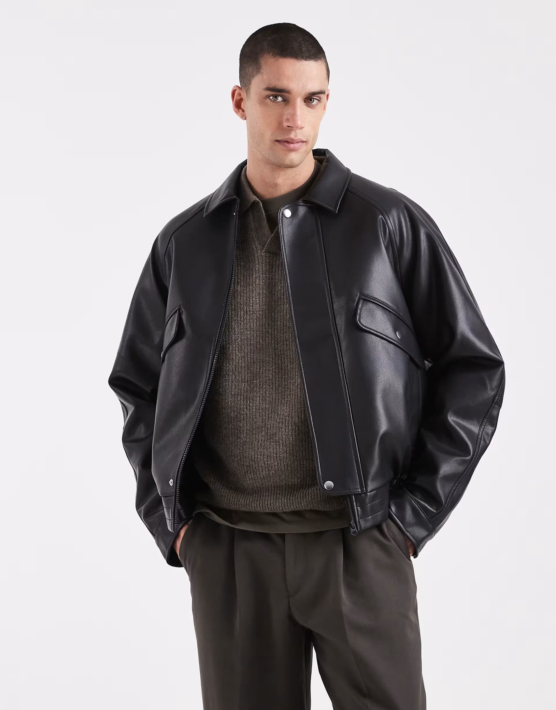 ASOS ASOS DESIGN relaxed harrington jacket in faux leather in black