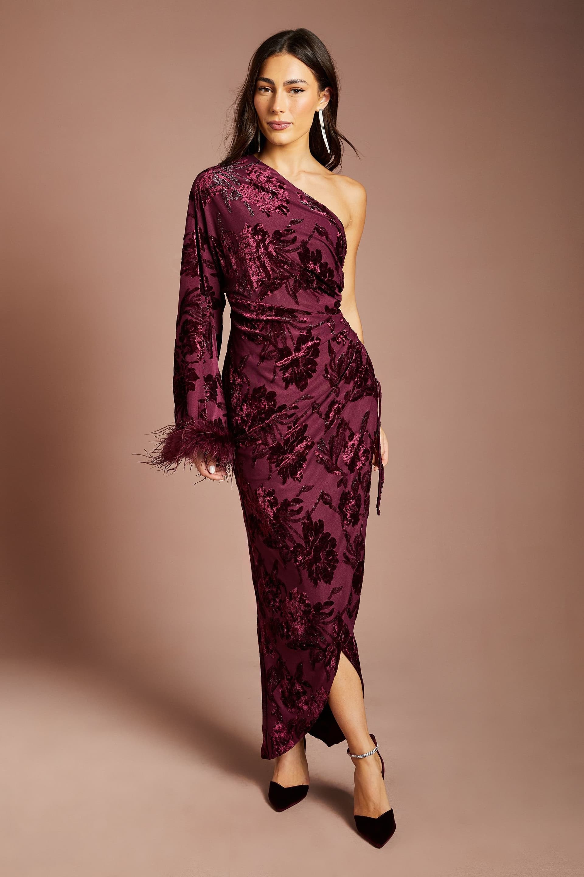 Coast Coast Women's One Shoulder Feather Cuff Velvet Burnout Maxi Dress in Plum