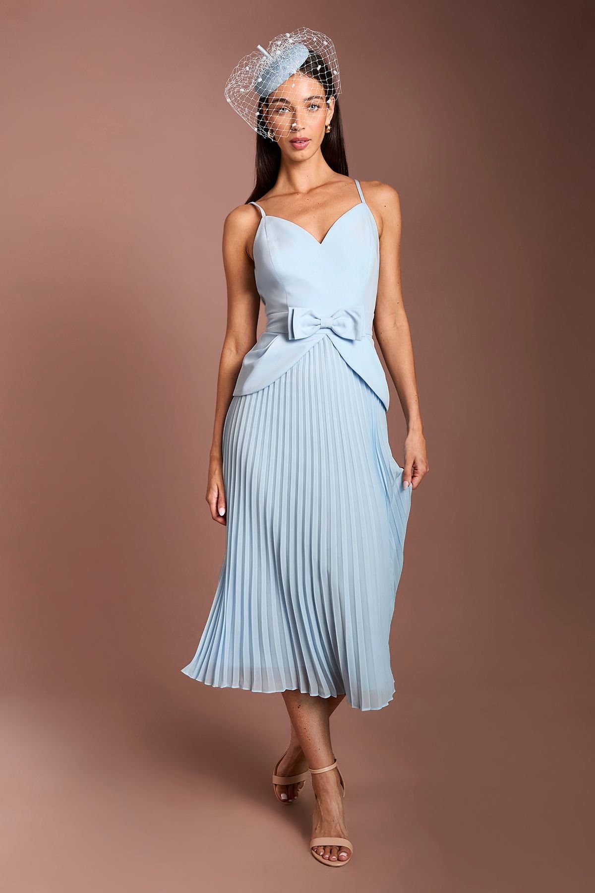 Coast Coast Women's Lisa Tan Bow Detail Crepe Bodice Pleated Midi Dress in Light Blue