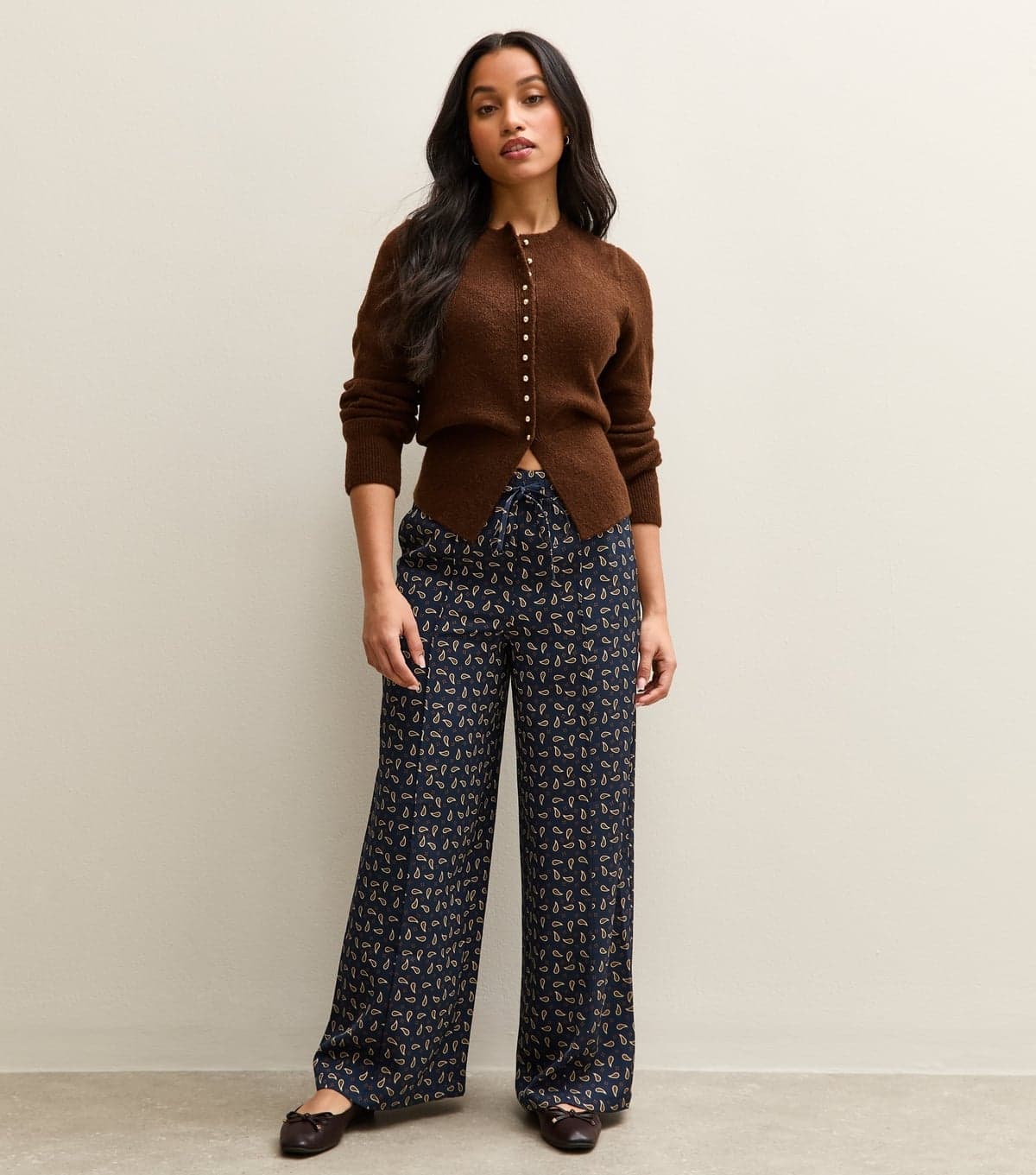 New Look Women's Petite Blue Satin Paisley Wide Leg Trousers New Look