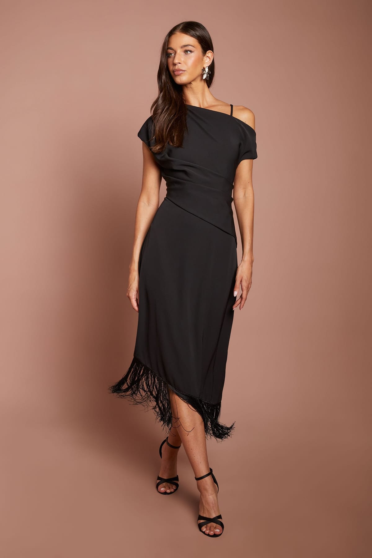 Coast Coast Women's Drape Sleeve Asymmetric Fringed Hem Midi Dress in Black - 1