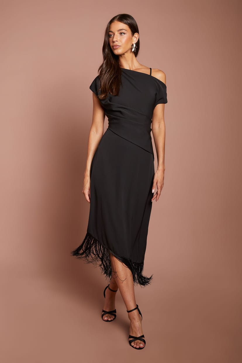 Coast Coast Women's Drape Sleeve Asymmetric Fringed Hem Midi Dress in Black - 1