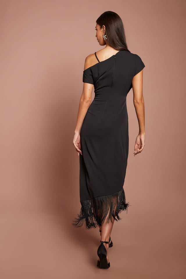 Coast Coast Women's Drape Sleeve Asymmetric Fringed Hem Midi Dress in Black - 3