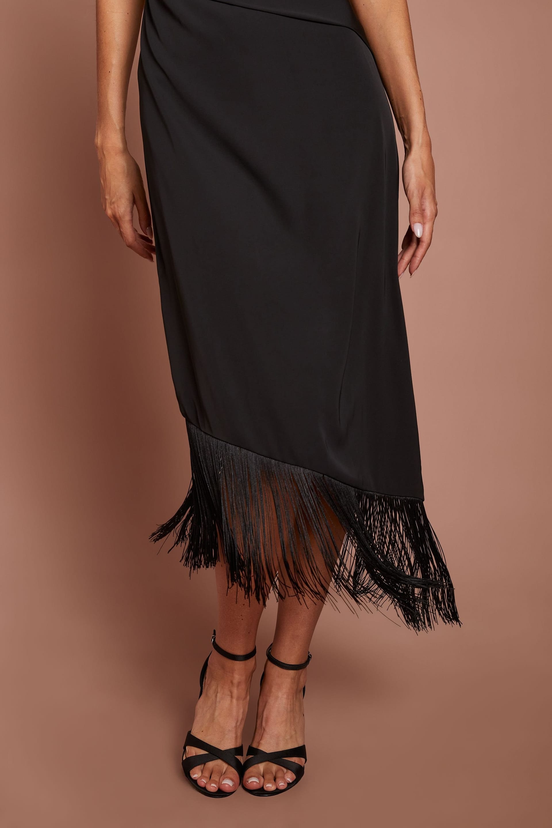 Coast Coast Women's Drape Sleeve Asymmetric Fringed Hem Midi Dress in Black - 4