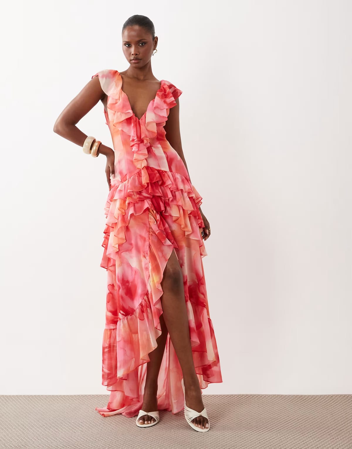 ASOS Wanderdoll Cara plunge neck ruffle tiered maxi dress in sunset watercolour floral - 1