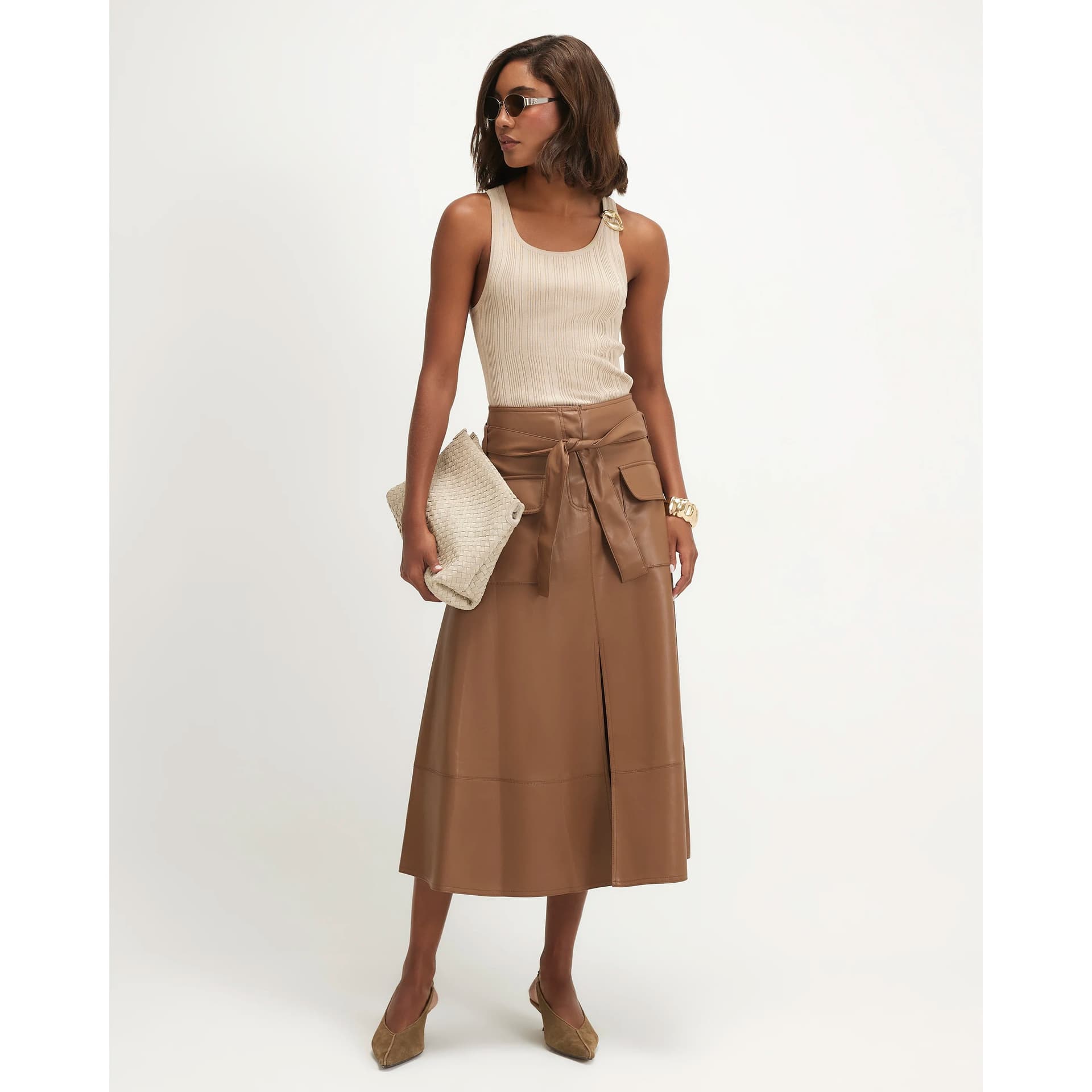 River Island River Island Womens Brown Faux Leather Belted Utility Midi Skirt