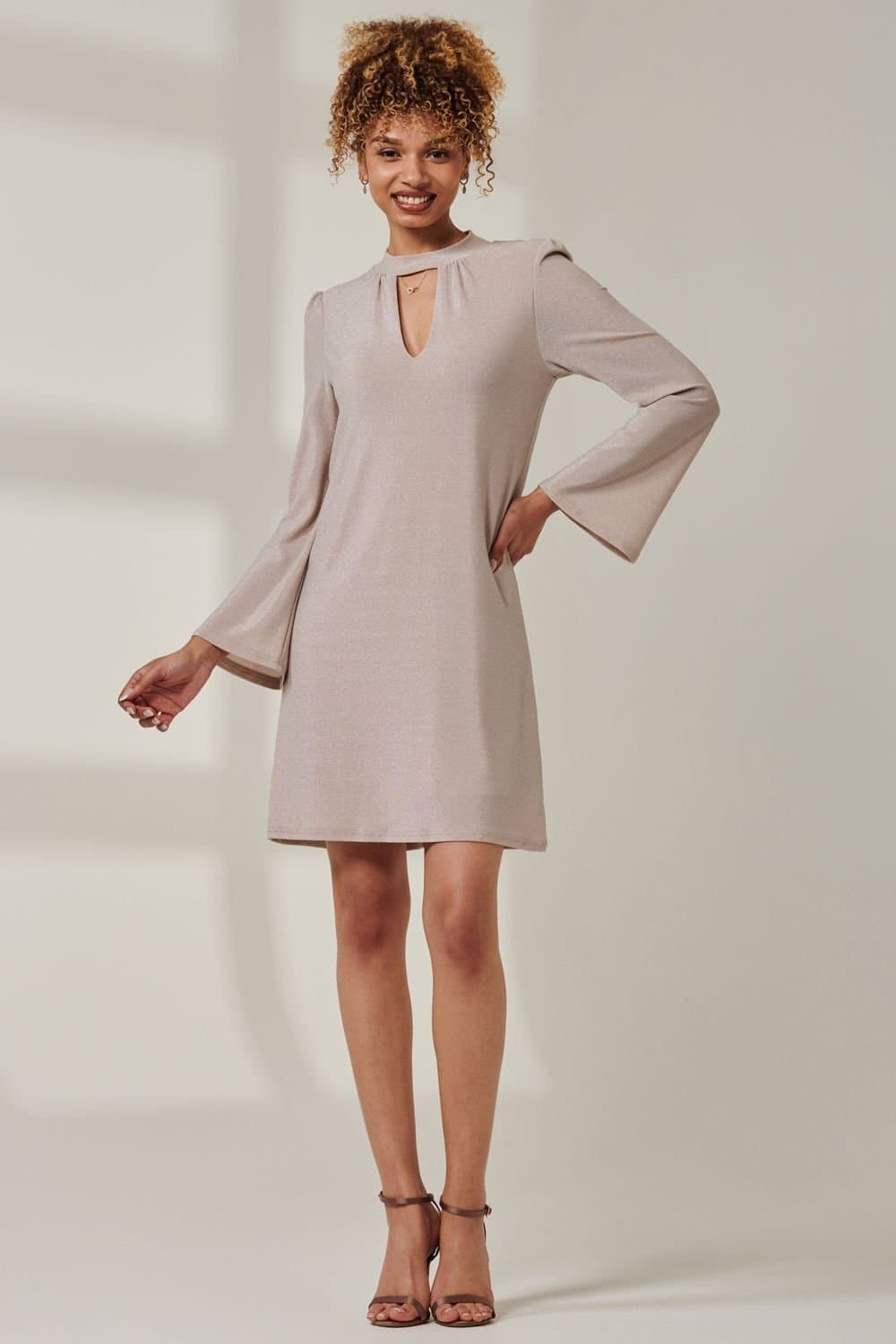 Jolie Moi Jolie Moi Women's Metallic Keyhole Detail Tunic Dress in Rose Gold