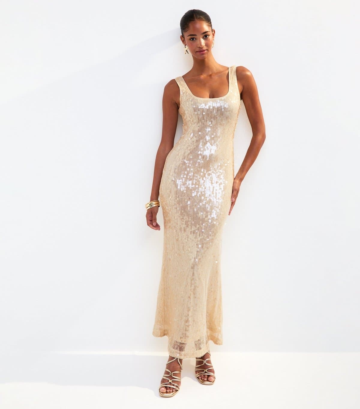 New Look Women's Gold Sequin Embellished Scoop Neck Midi Dress New Look