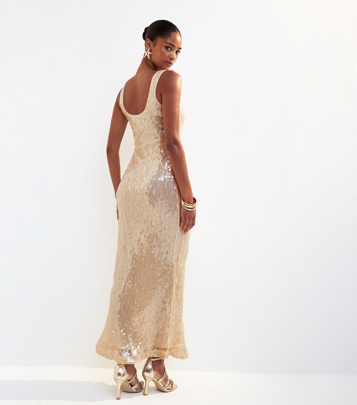 New Look Women's Gold Sequin Embellished Scoop Neck Midi Dress New Look - 4