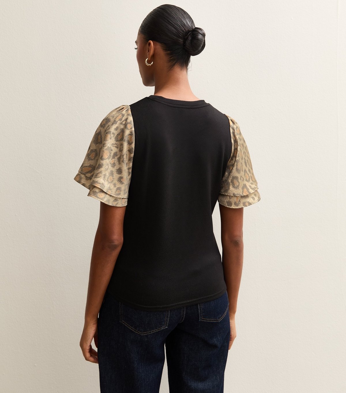 New Look Women's Black Soft Touch Animal Print Foil Flutter Sleeve Top New Look - 4