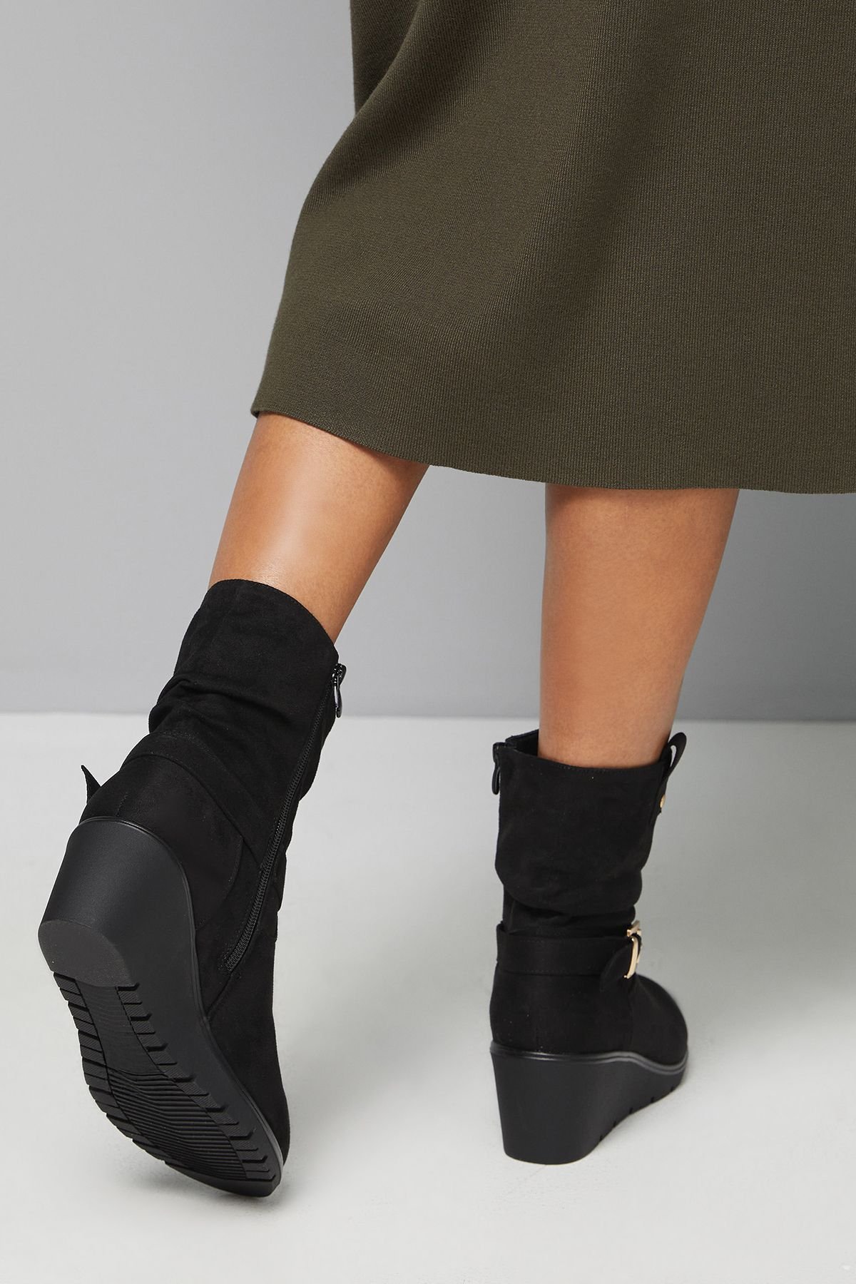 Good For the Sole Good For the Sole Women's : Paloma Comfort Ruche Buckle Detail Medium Wedge Casual Ankle Boots in Natural Black - 3