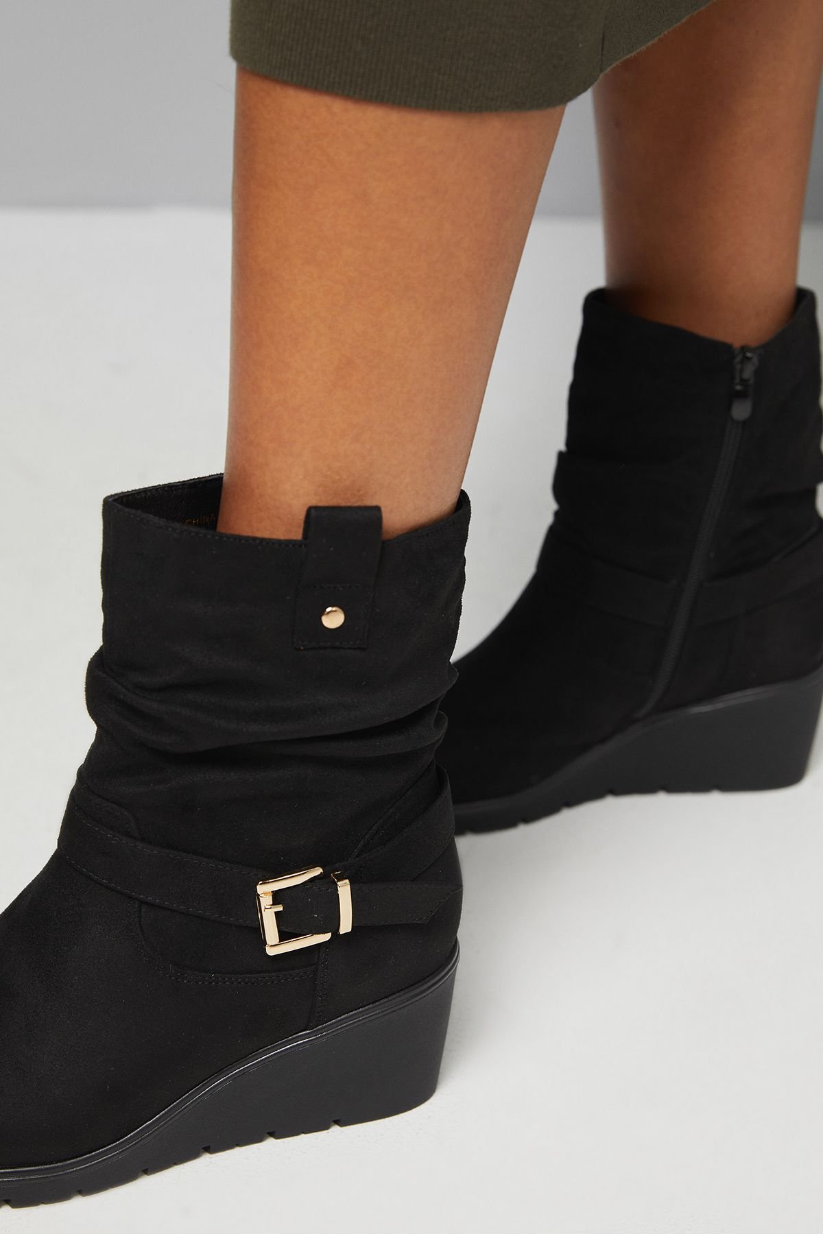 Good For the Sole Good For the Sole Women's : Paloma Comfort Ruche Buckle Detail Medium Wedge Casual Ankle Boots in Natural Black - 4