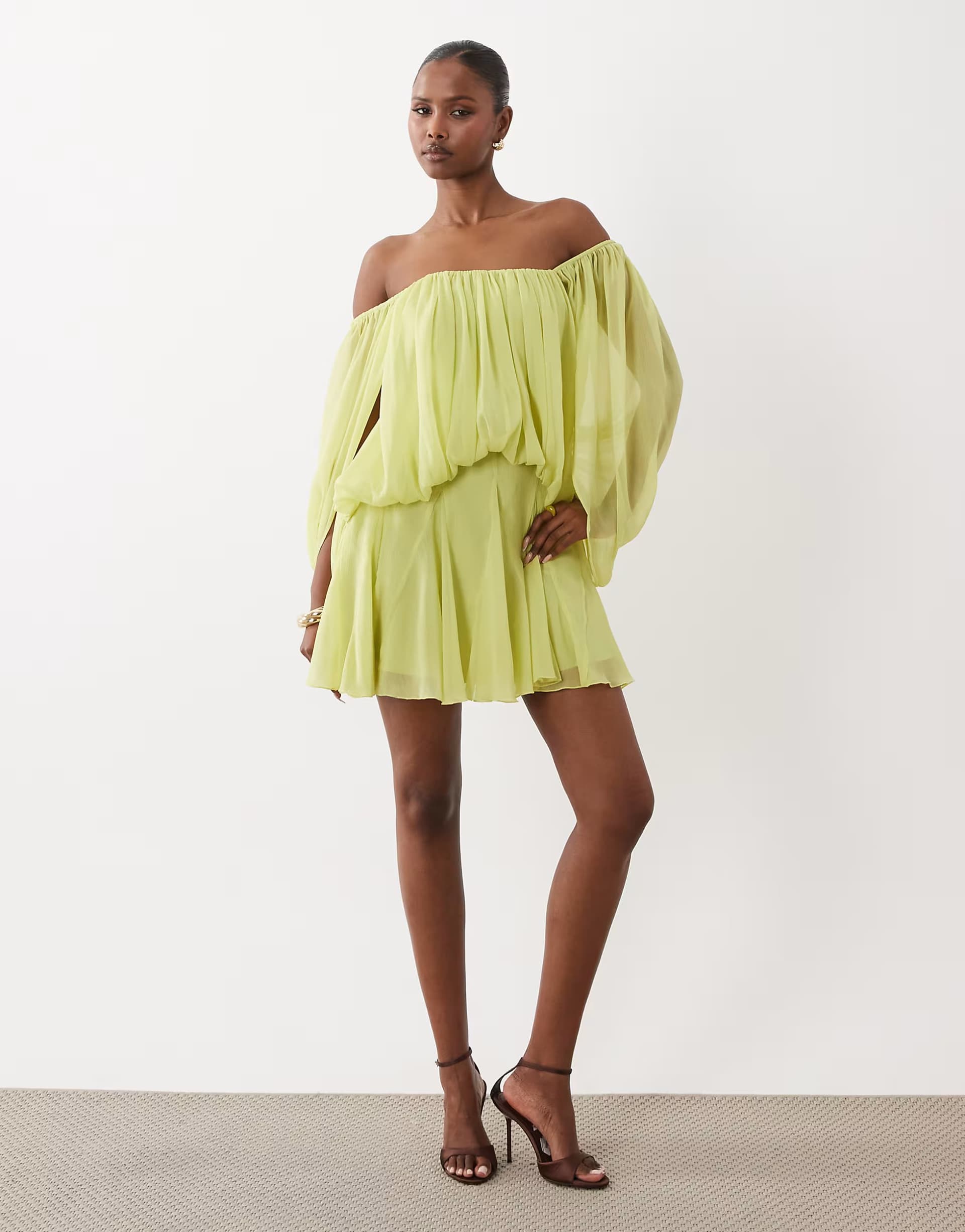 ASOS ASOS DESIGN blouson mini dress with split sleeve and volume godet skirt in lemon