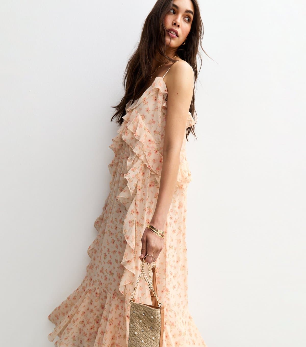 New Look Women's Cream Floral Print Chiffon Midi Dress New Look