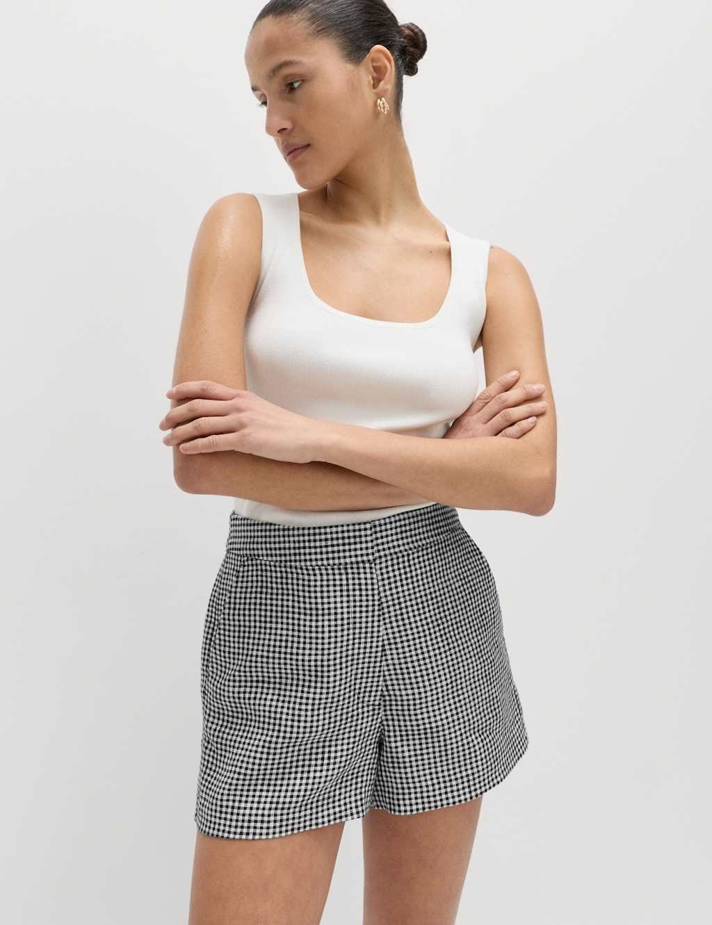 M&S Pure Linen Checked Shorts Black Mix