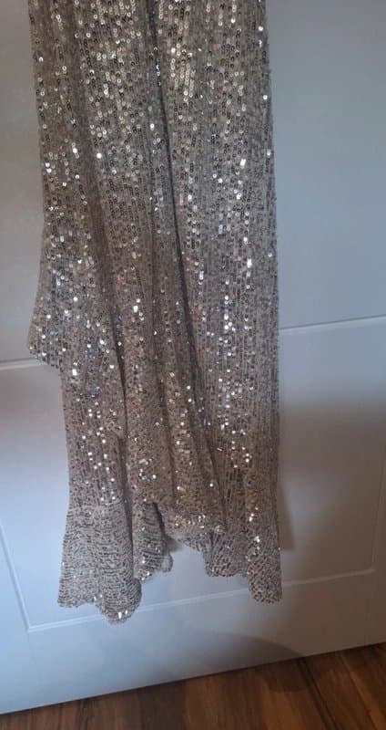 ROMAN New with fault ROMAN Ladies Gold Sequin Fully Lined Dress Asymmetric Hem 14 small hole