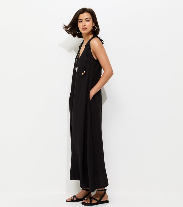New Look Women's Black Beaded Tie Smock Midi Dress New Look - 2