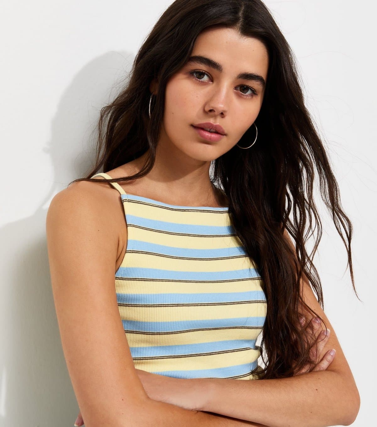 New Look Women's Yellow Cotton Rich Striped Square Neck Tank top New Look