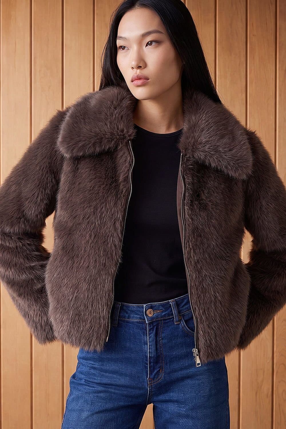 Dusk Dusk Women's Collared Fur Coat in Chocolate