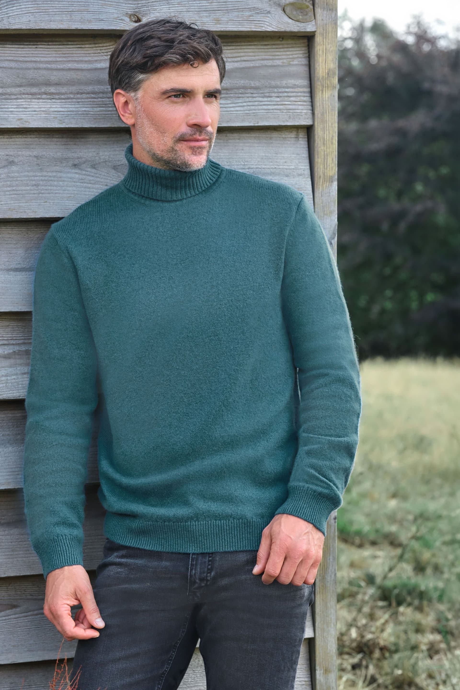 WoolOvers WoolOvers Men's Mens Lambswool Polo Neck Jumper in Teal
