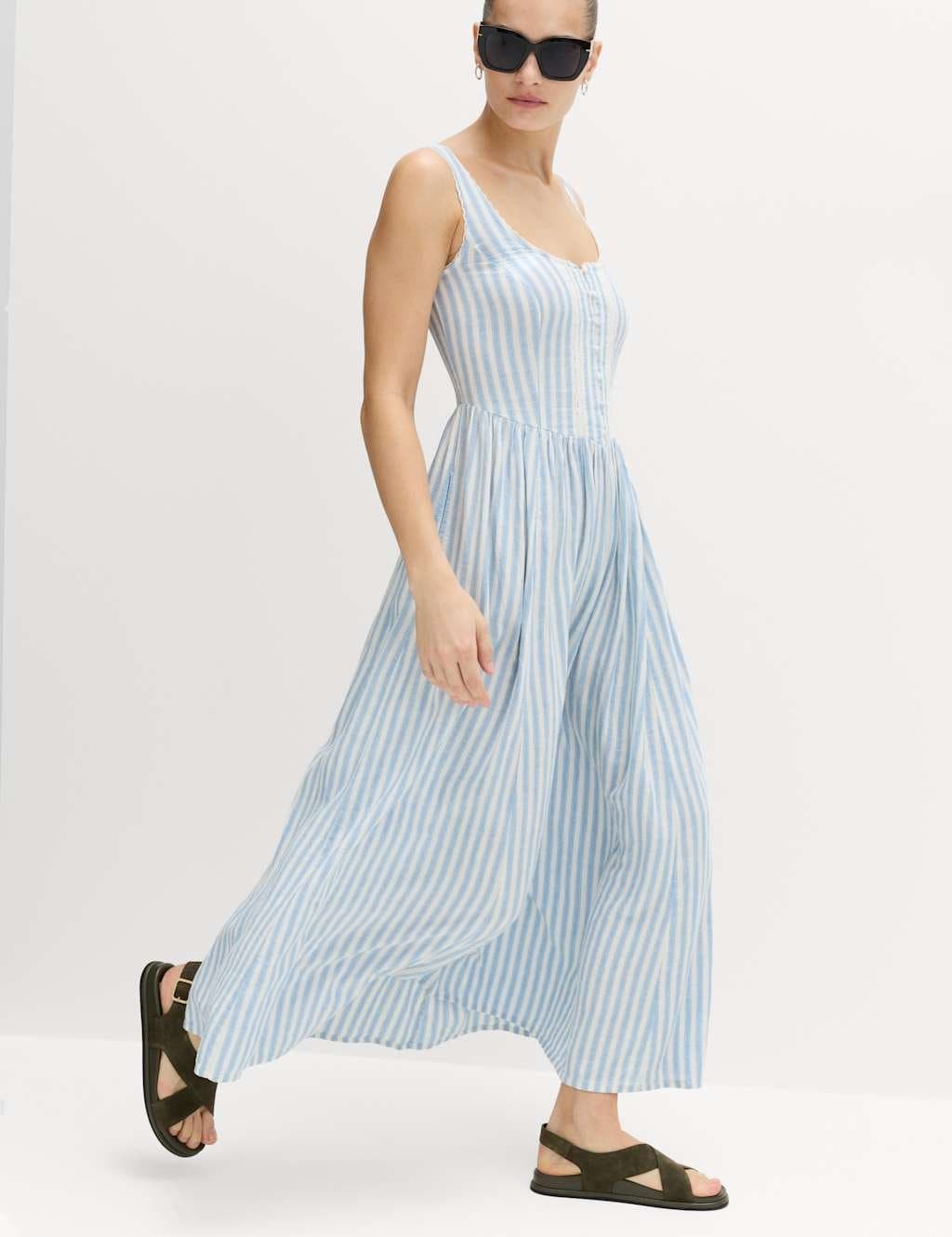 Marks & Spencer M&S Linen Rich Lace Insert Strappy Midi Shift Dress Blue Mix
