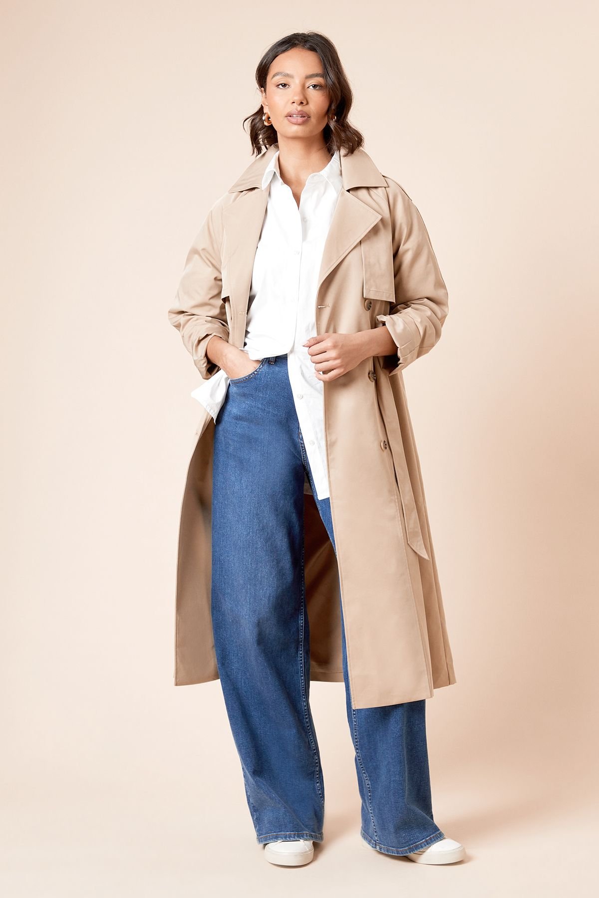 Dorothy Perkins Dorothy Perkins Women's Longline Double Breasted Belted Trench Coat in Stone - 2