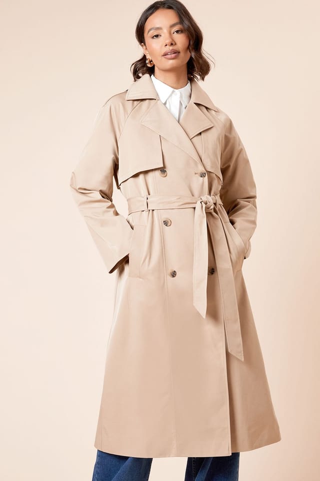 Dorothy Perkins Dorothy Perkins Women's Longline Double Breasted Belted Trench Coat in Stone - 2