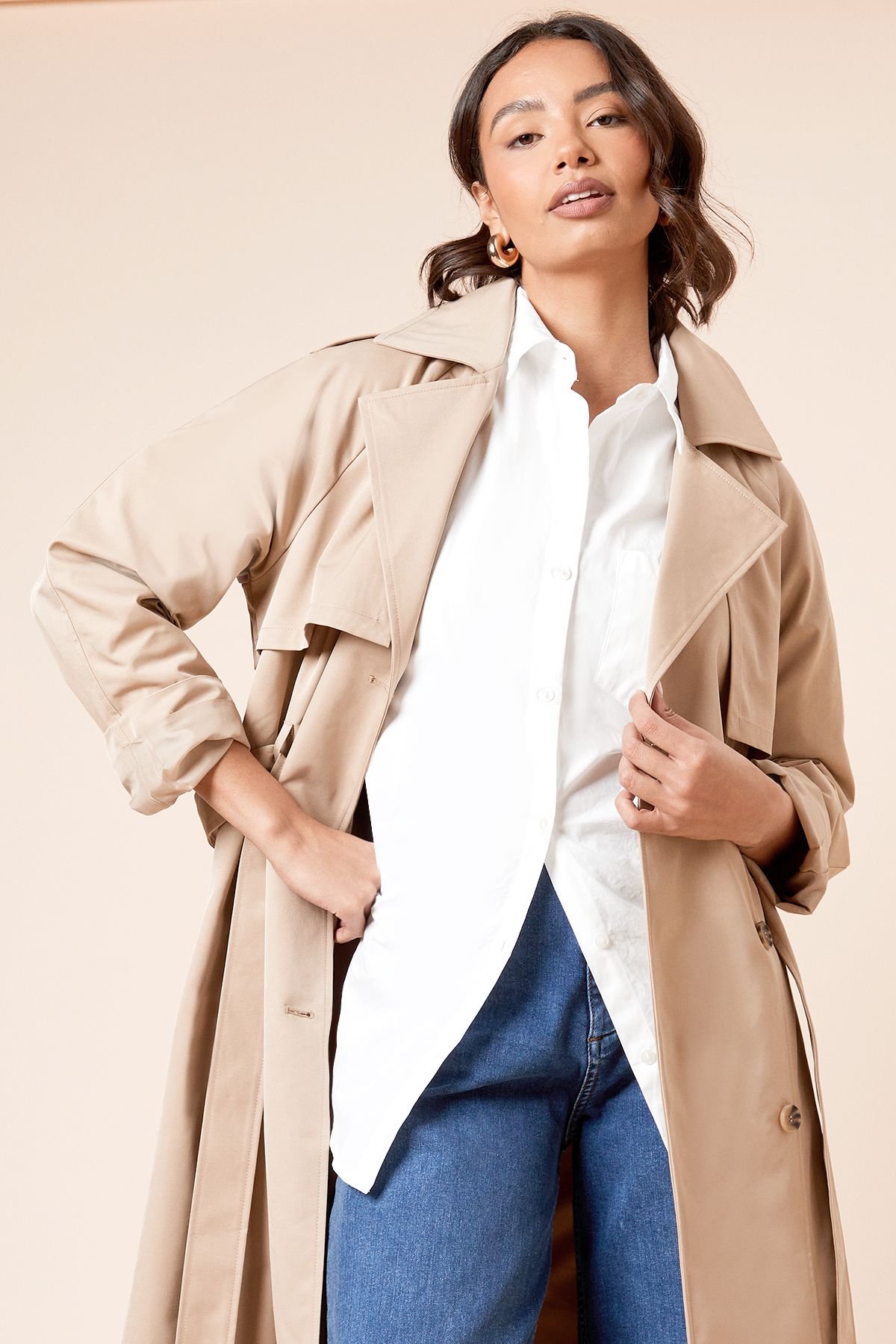 Dorothy Perkins Dorothy Perkins Women's Longline Double Breasted Belted Trench Coat in Stone - 4