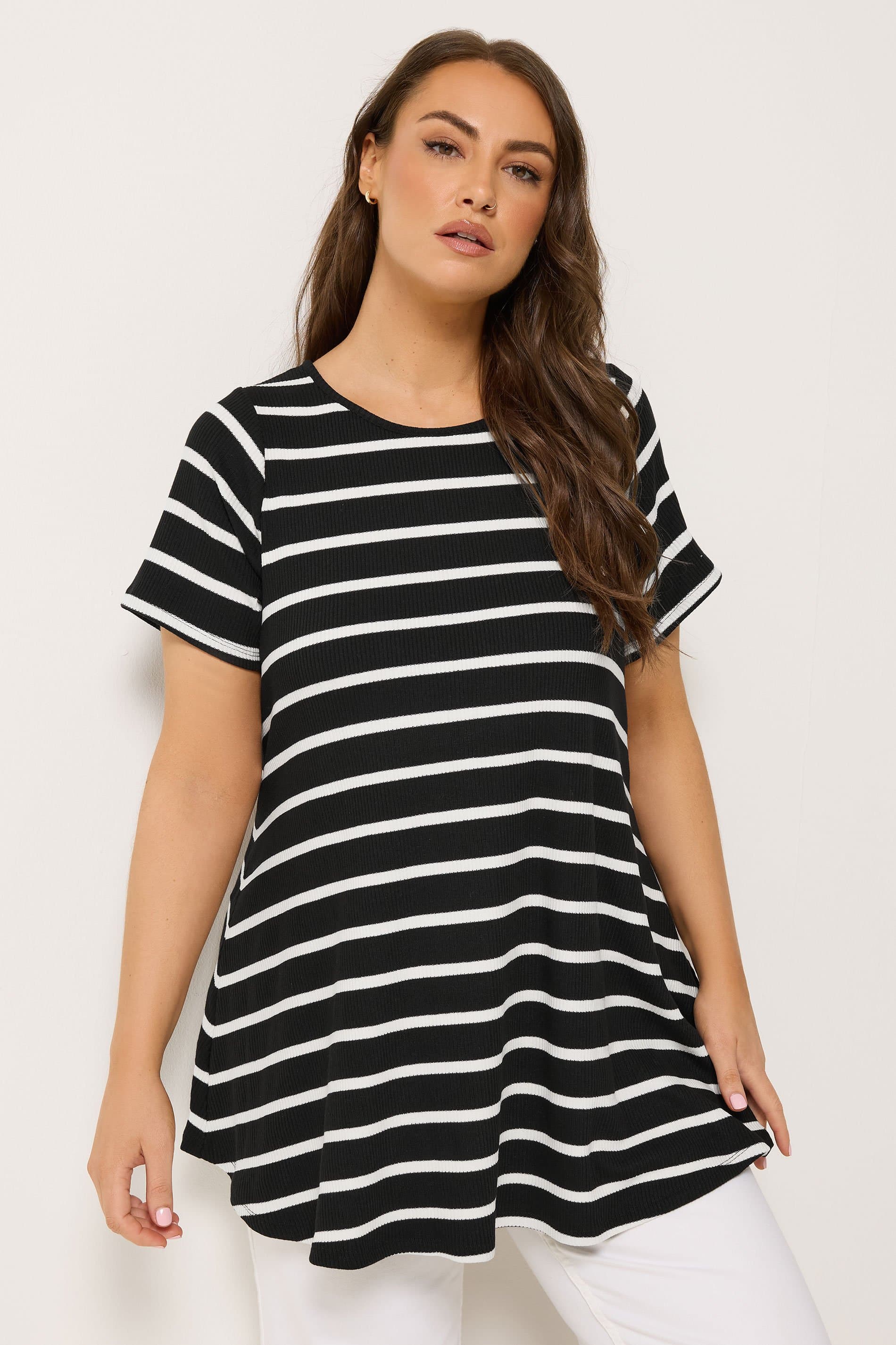Yours Plus Size Black Stripe Ribbed Swing Tshirt