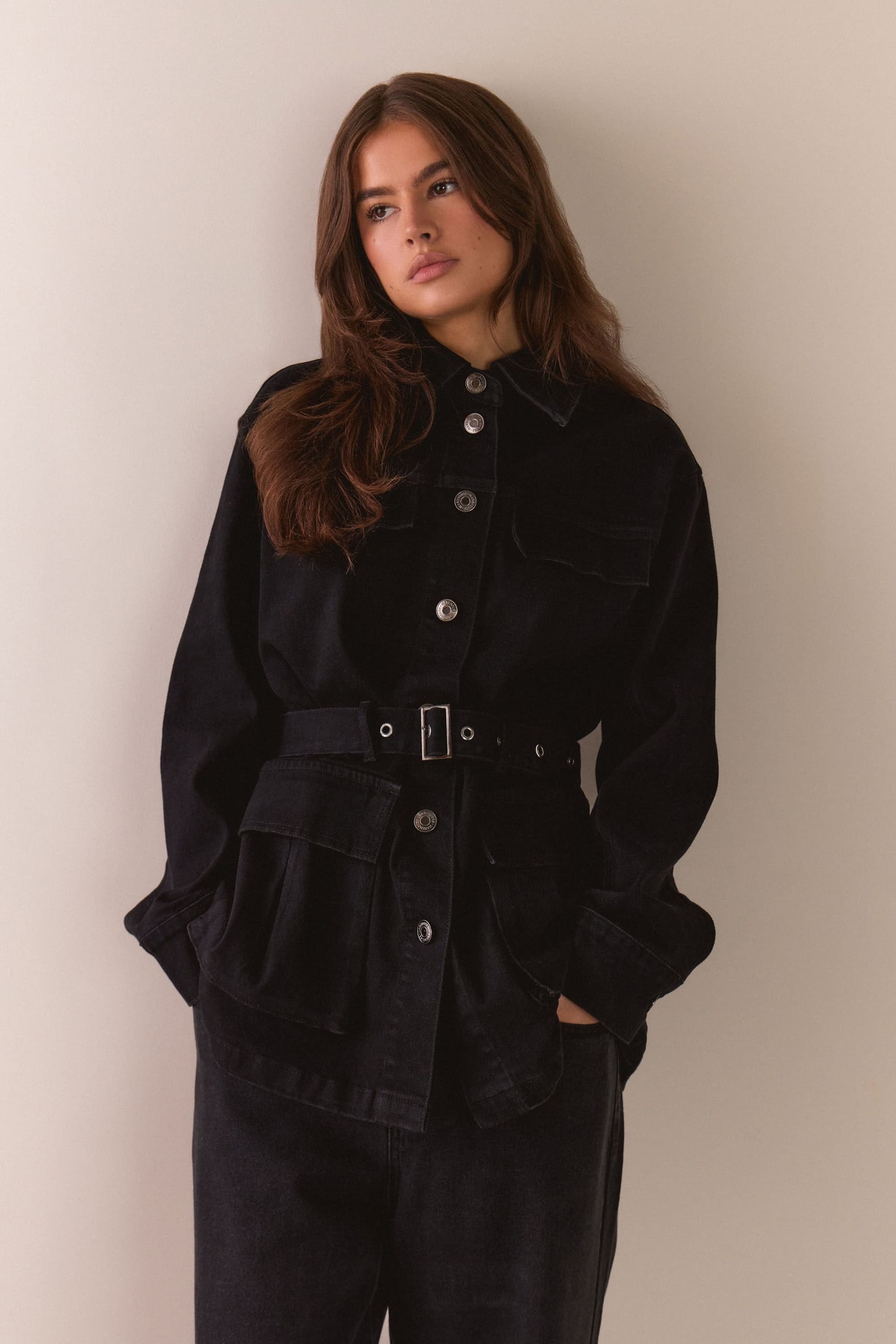 Warehouse Warehouse Women's Pocket Detail Belted Denim Jacket in Washed Black