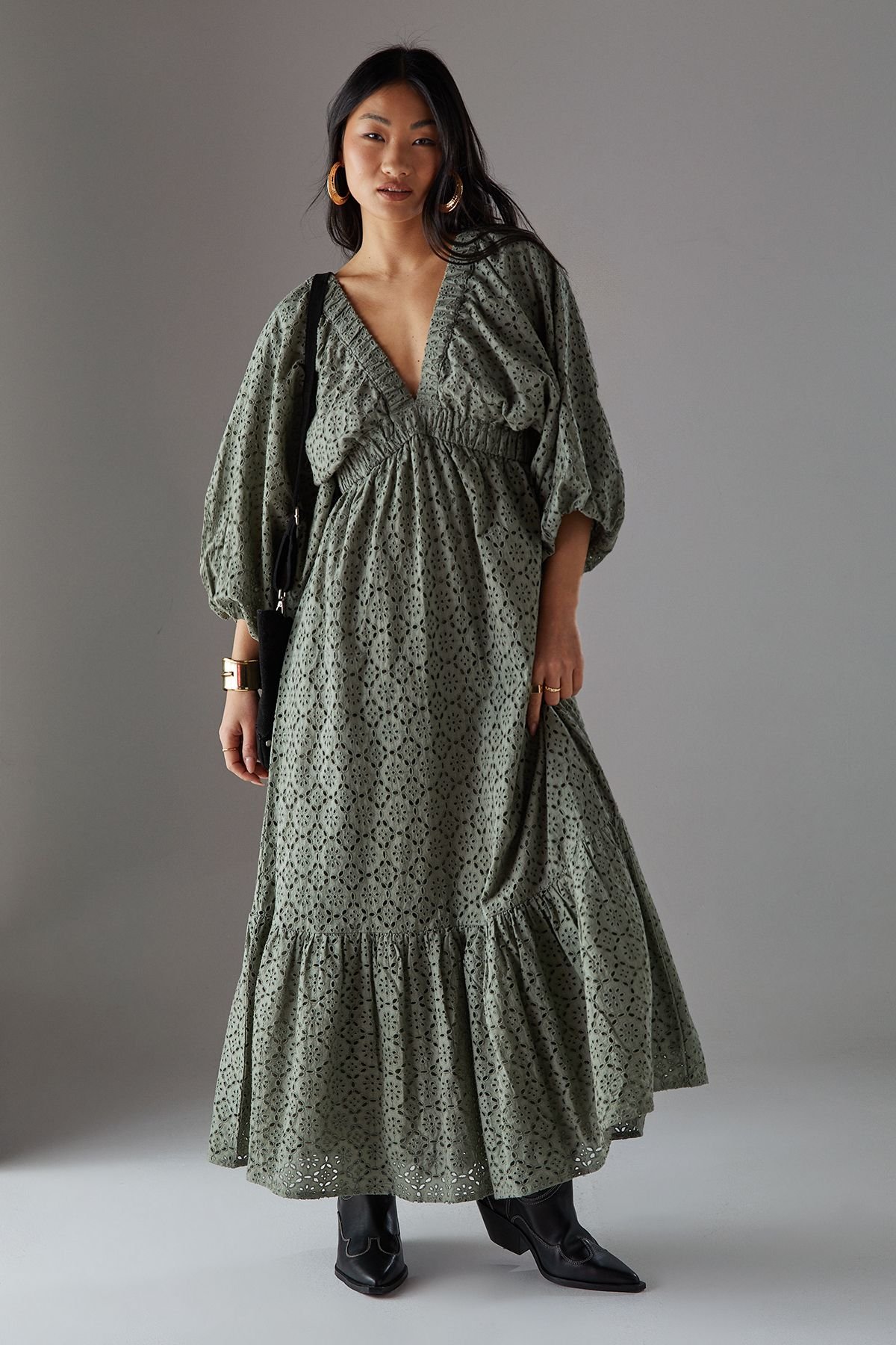 Warehouse Warehouse Women's Petite Broderie Plunge Neck Volume Sleeve Smock Midi Dress in Khaki - 2