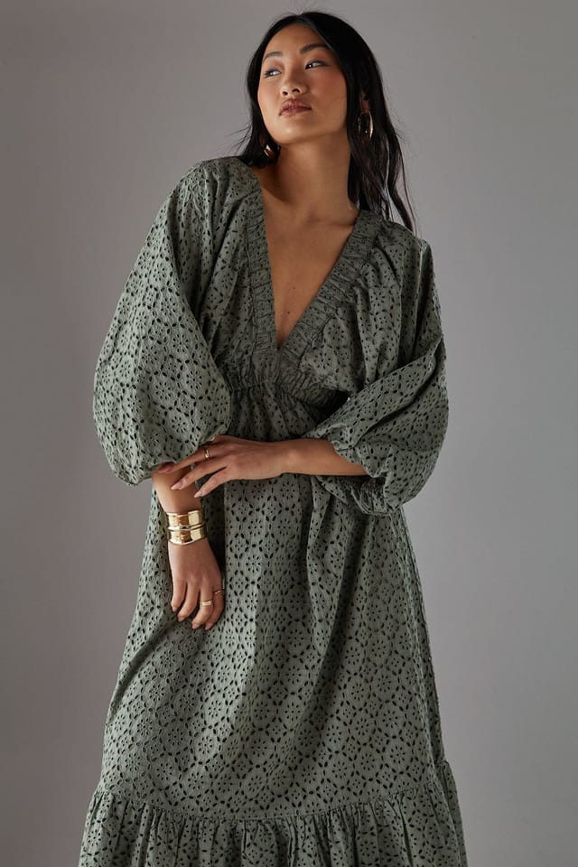 Warehouse Warehouse Women's Petite Broderie Plunge Neck Volume Sleeve Smock Midi Dress in Khaki - 2