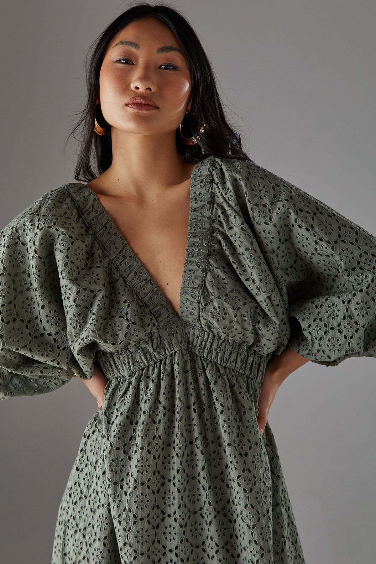 Warehouse Warehouse Women's Petite Broderie Plunge Neck Volume Sleeve Smock Midi Dress in Khaki - 3