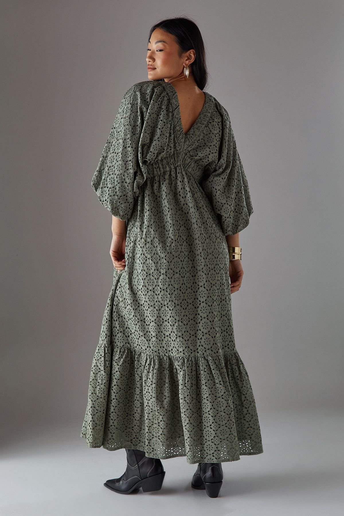 Warehouse Warehouse Women's Petite Broderie Plunge Neck Volume Sleeve Smock Midi Dress in Khaki - 4