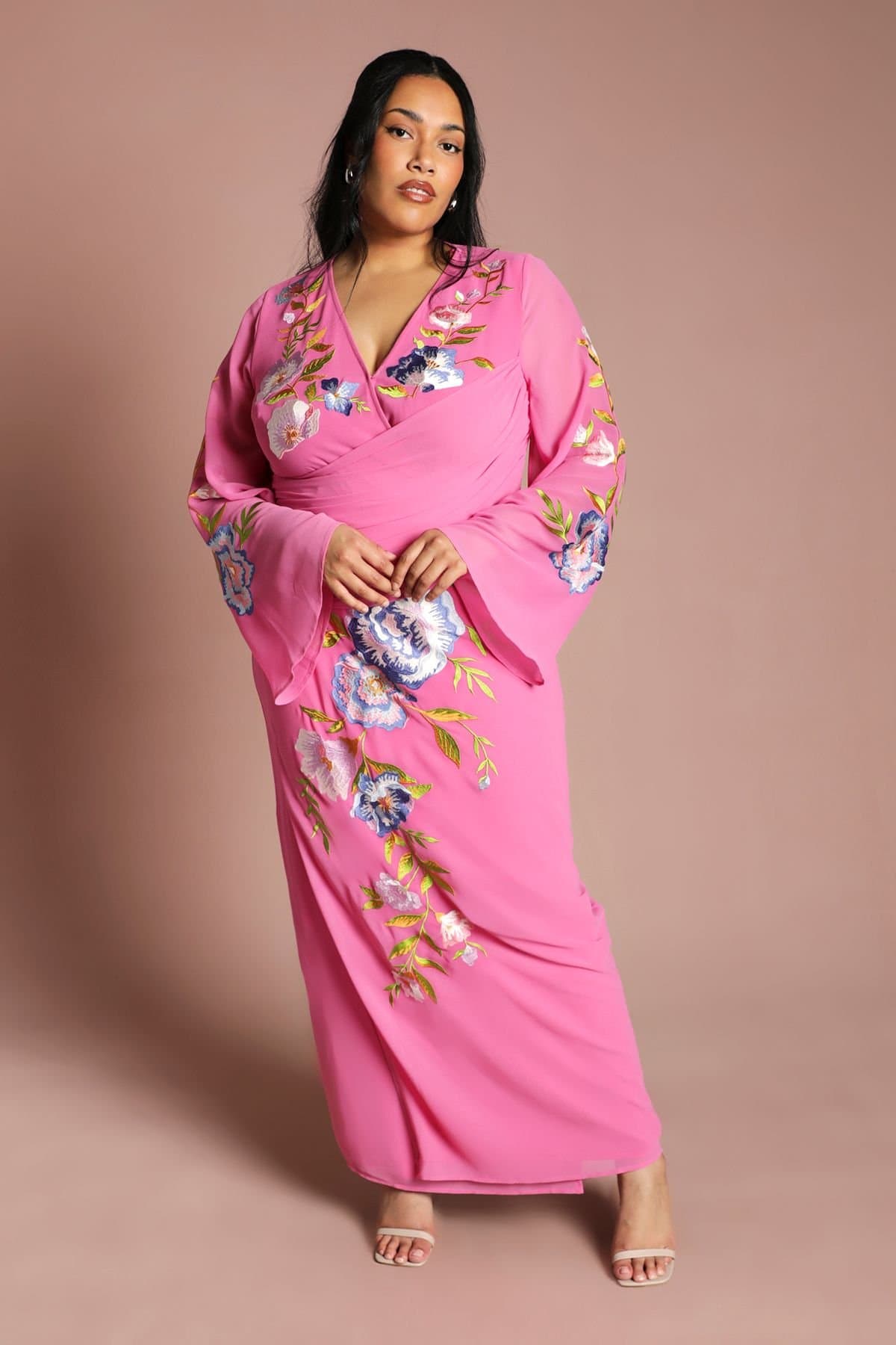Coast Coast Women's Plus Embroidered V Neck Wrap Midi Dress in Pink