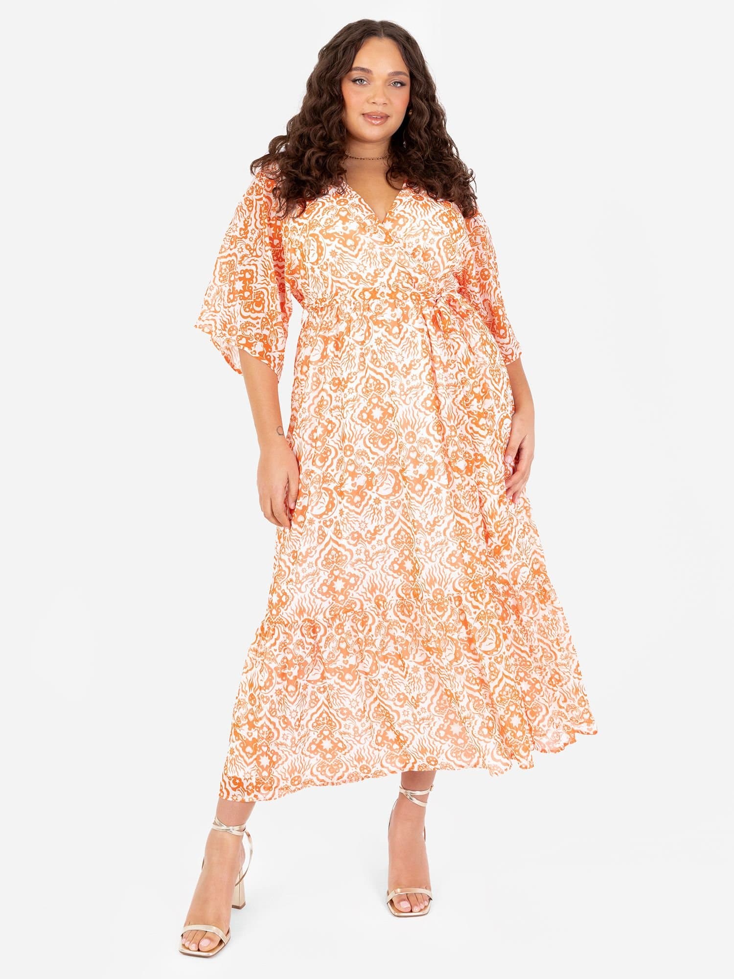 Lovedrobe Lovedrobe Women's Faux Wrap Kimono Sleeve Midaxi Dress in Orange