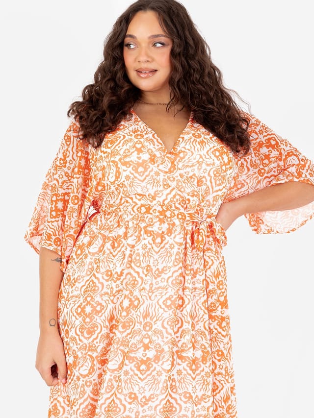 Lovedrobe Lovedrobe Women's Faux Wrap Kimono Sleeve Midaxi Dress in Orange - 2