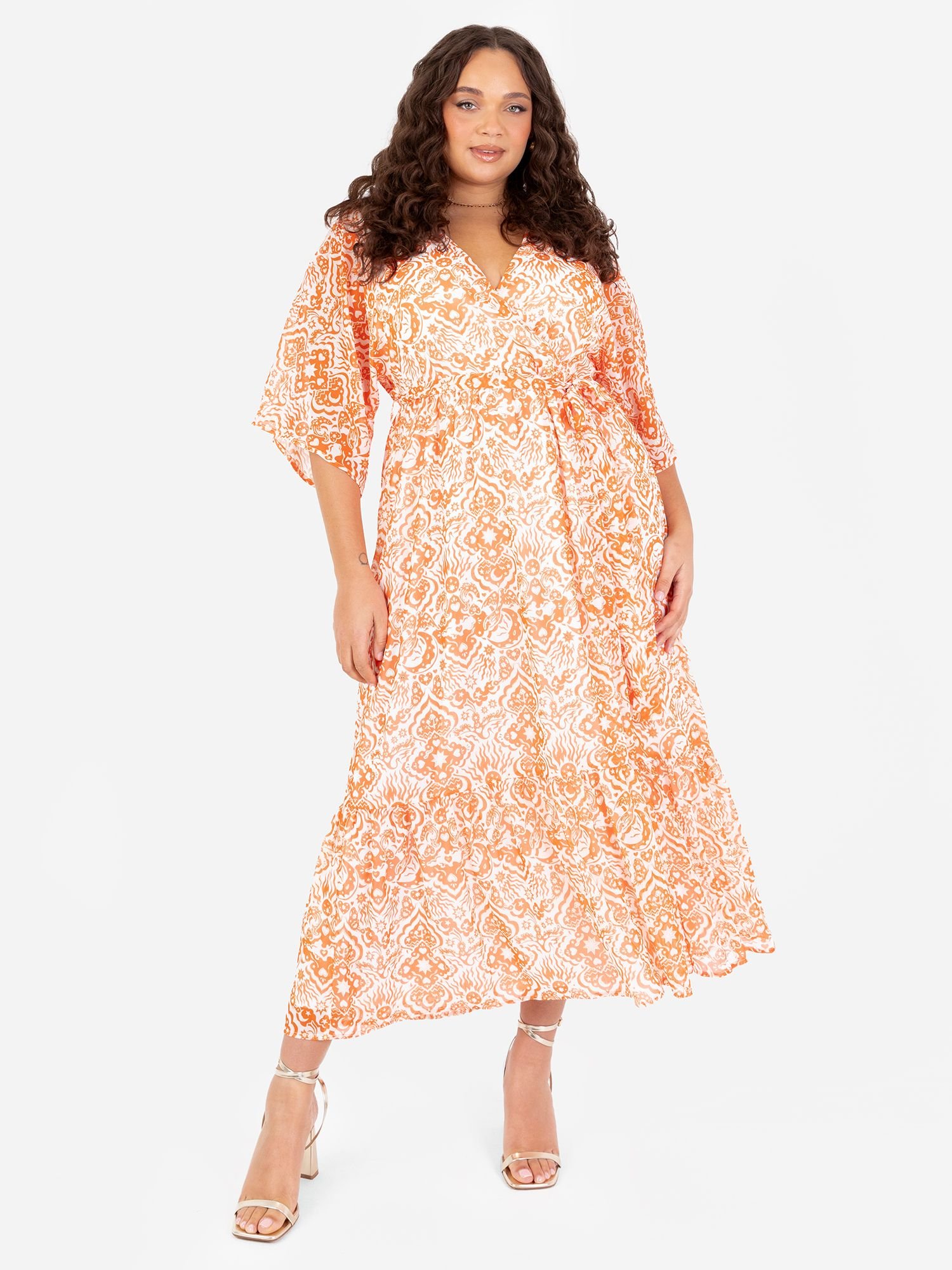 Lovedrobe Lovedrobe Women's Faux Wrap Kimono Sleeve Midaxi Dress in Orange - 4