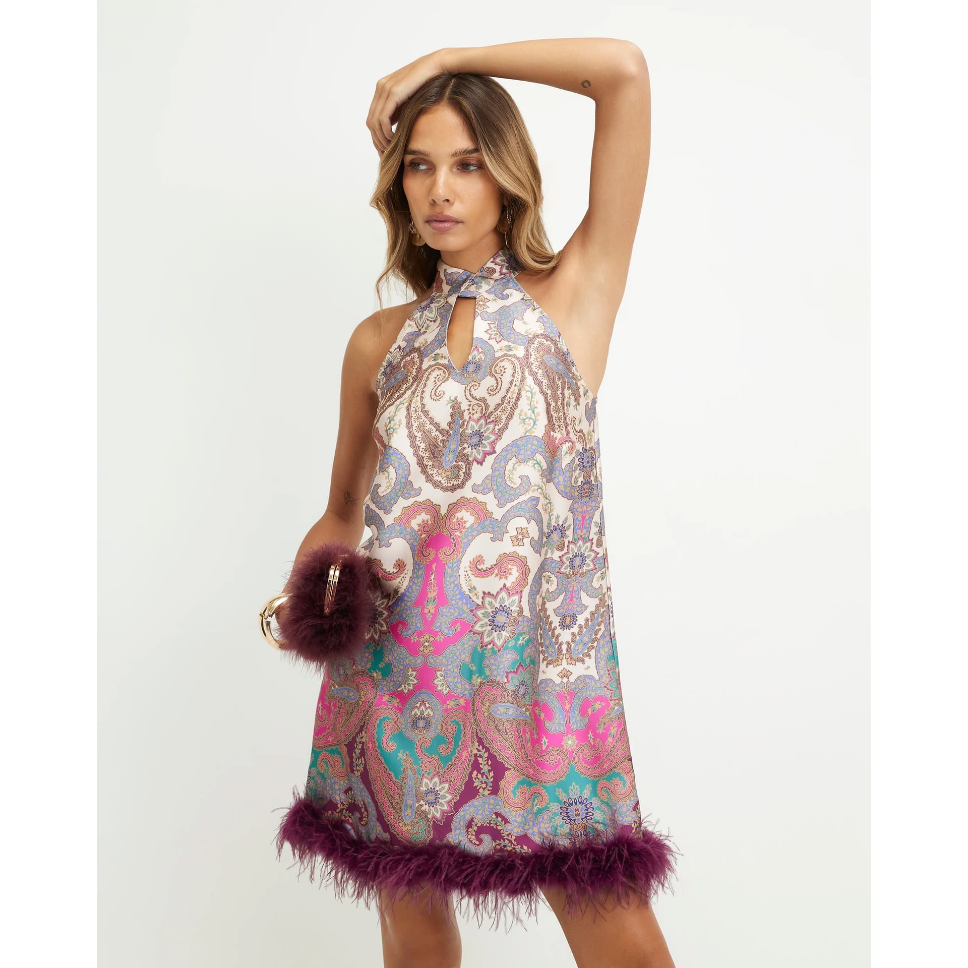 River Island River Island Womens Cream Printed Feather Trim Shift Dress