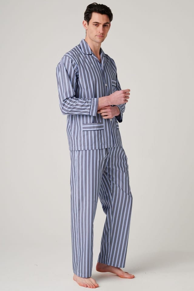 British Boxers British Boxers Men's "Navy Spark Stripe" Crisp Cotton Pyjama Set in Mid Navy - 2