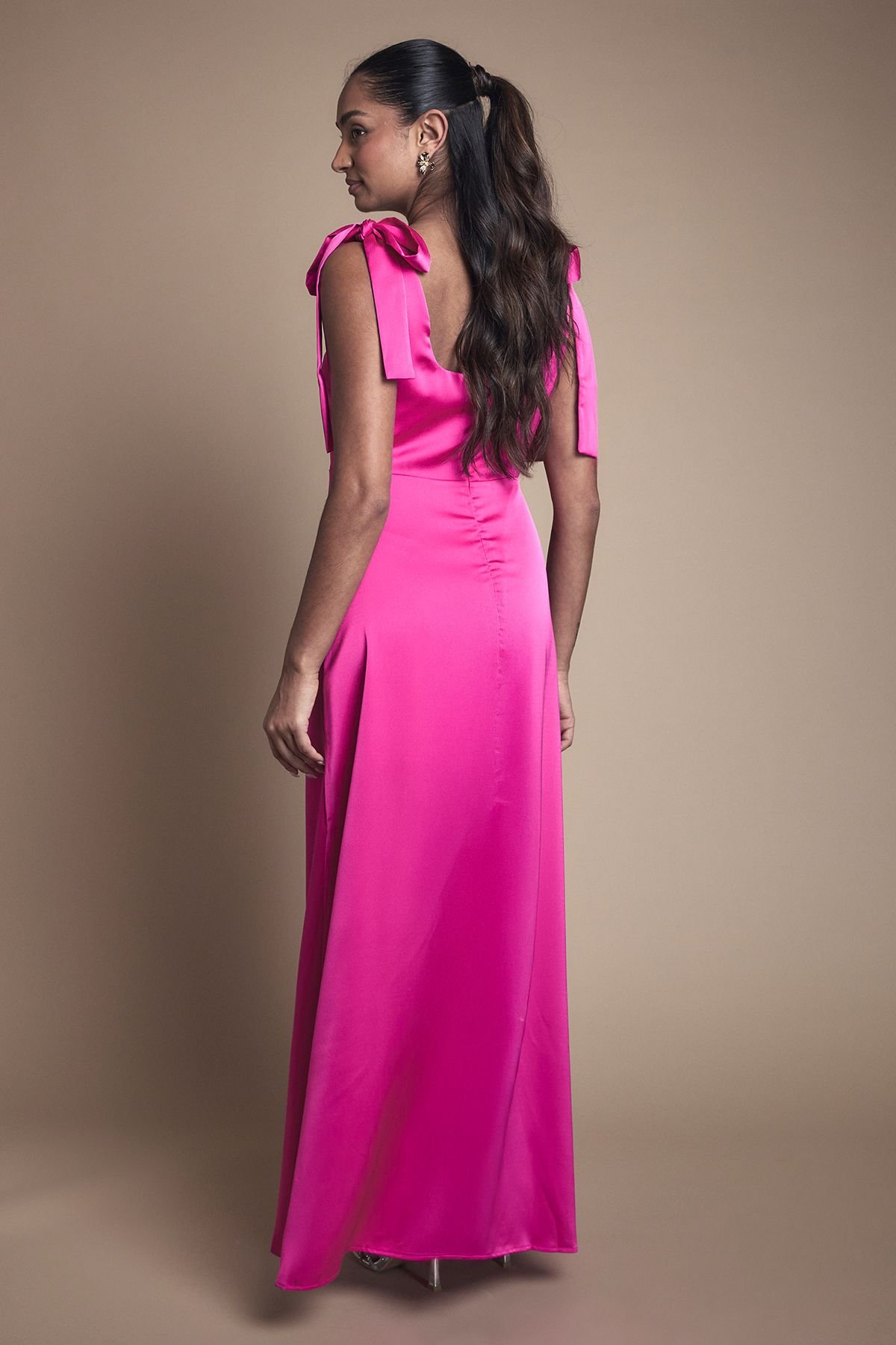 Oasis Oasis Women's Satin Tie Shoulder Midi Bridesmaid Dress in Bright Pink - 3