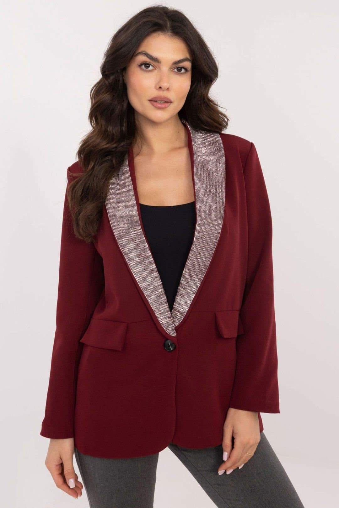 Love Lace Love Lace Women's Elegant One Button Jacket with Rhinestone Lapels in Burgundy