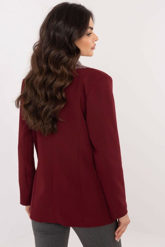 Love Lace Love Lace Women's Elegant One Button Jacket with Rhinestone Lapels in Burgundy - 3