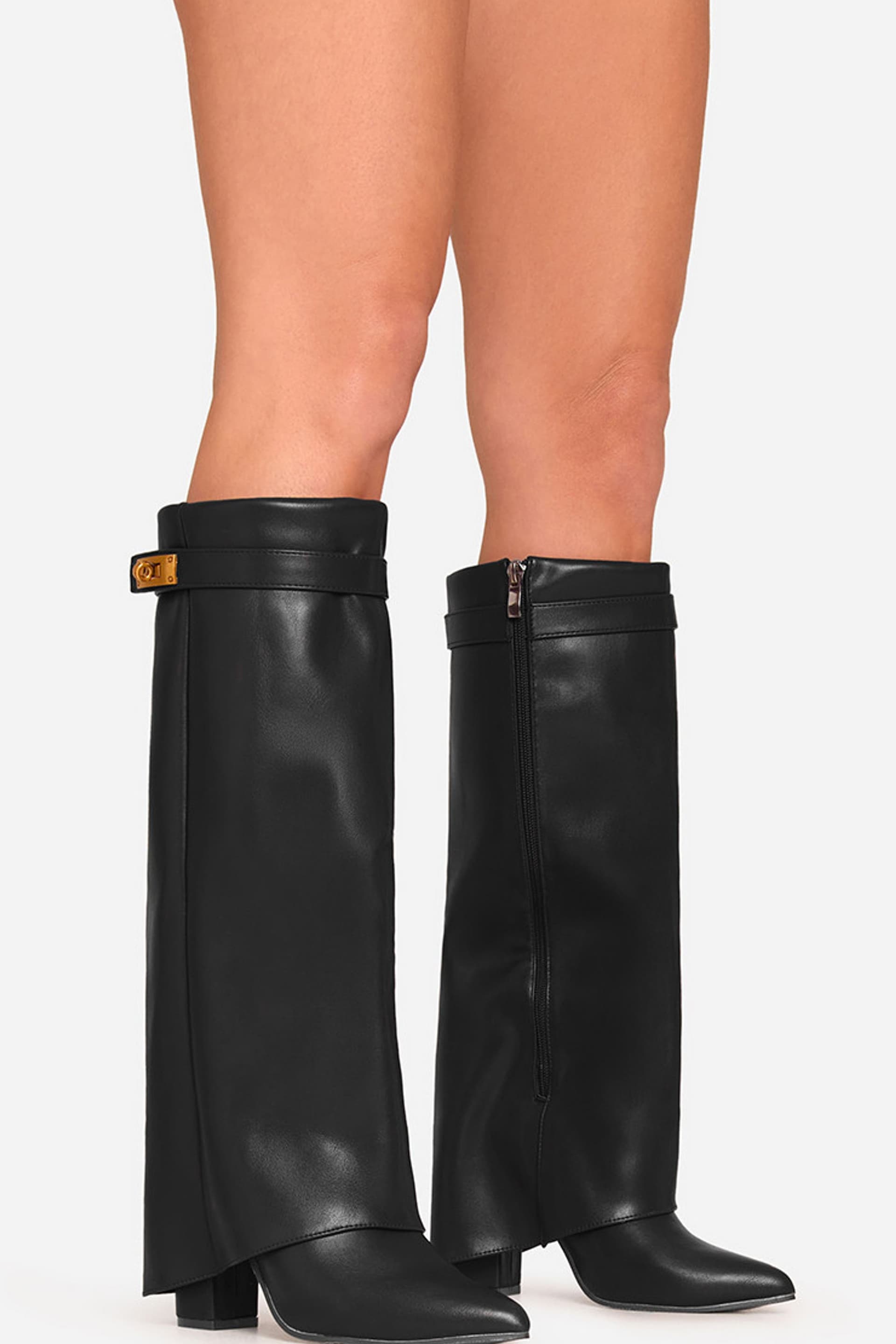EGO EGO Women's Knee High Lock Detail Faux Leather Block Heel Boots in Black