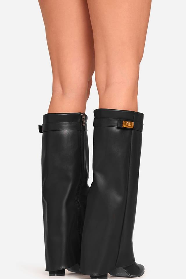 EGO EGO Women's Knee High Lock Detail Faux Leather Block Heel Boots in Black - 2