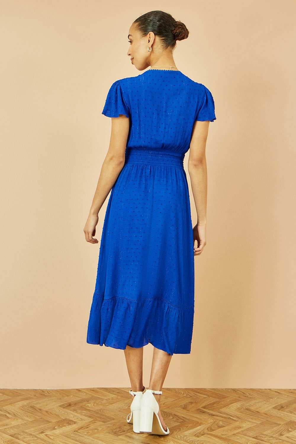 Yumi Yumi Women's Blue Button Detail Midi Dress With Ruched Waist & Metallic Thread - 3