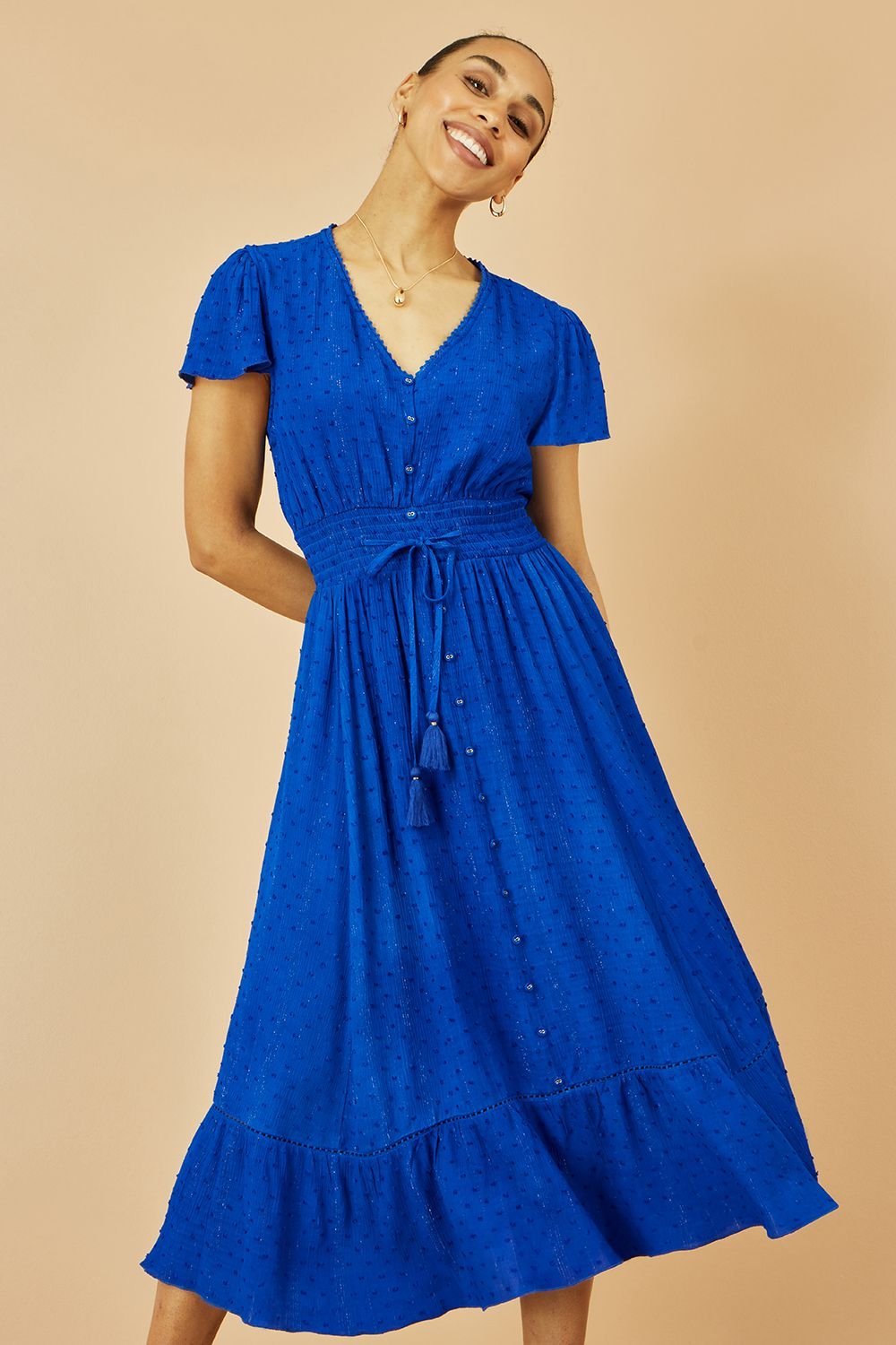 Yumi Yumi Women's Blue Button Detail Midi Dress With Ruched Waist & Metallic Thread - 4