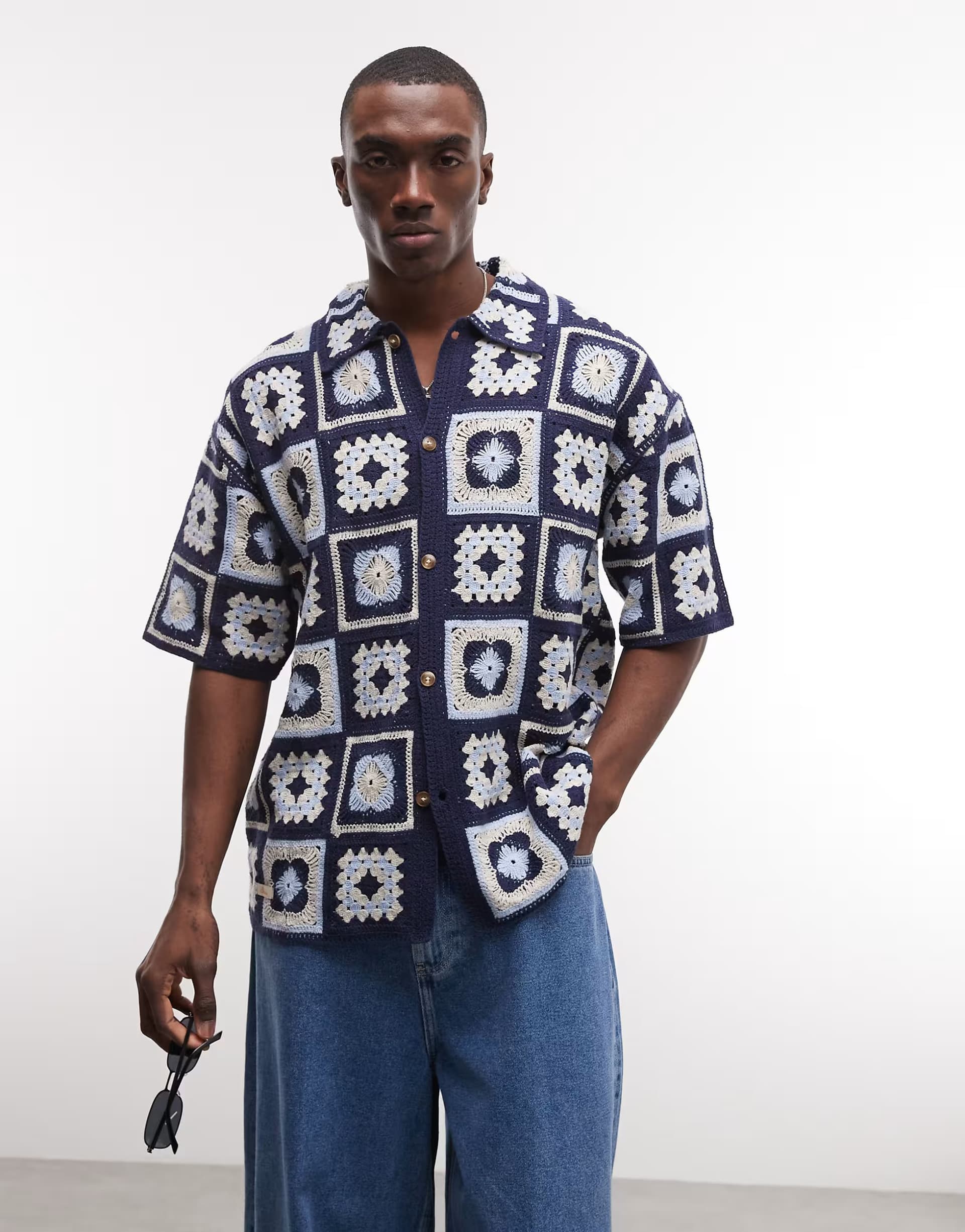 ASOS BLKVIS crochet square shirt in blue mutli