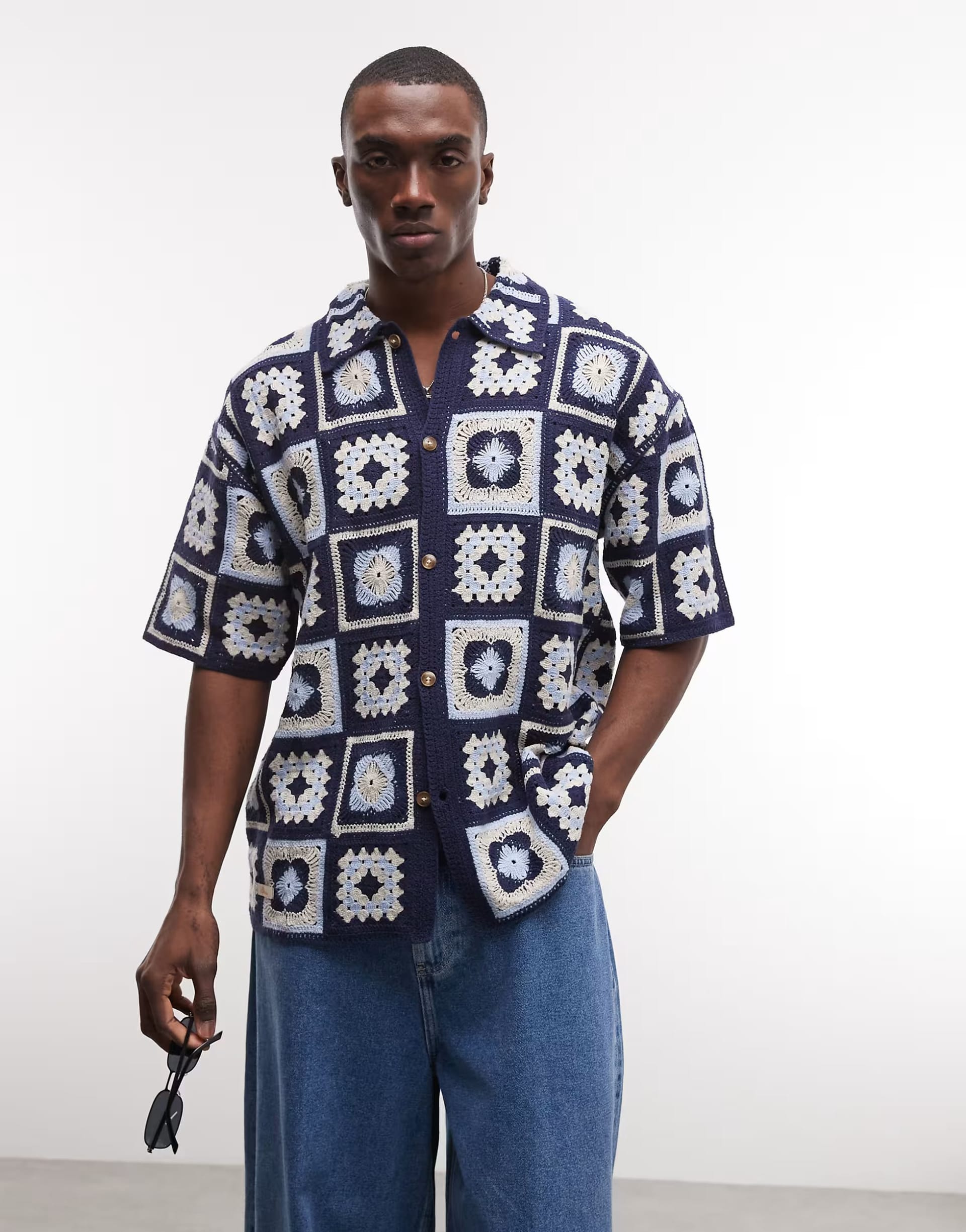 ASOS Blue Multi Crochet Square Shirt